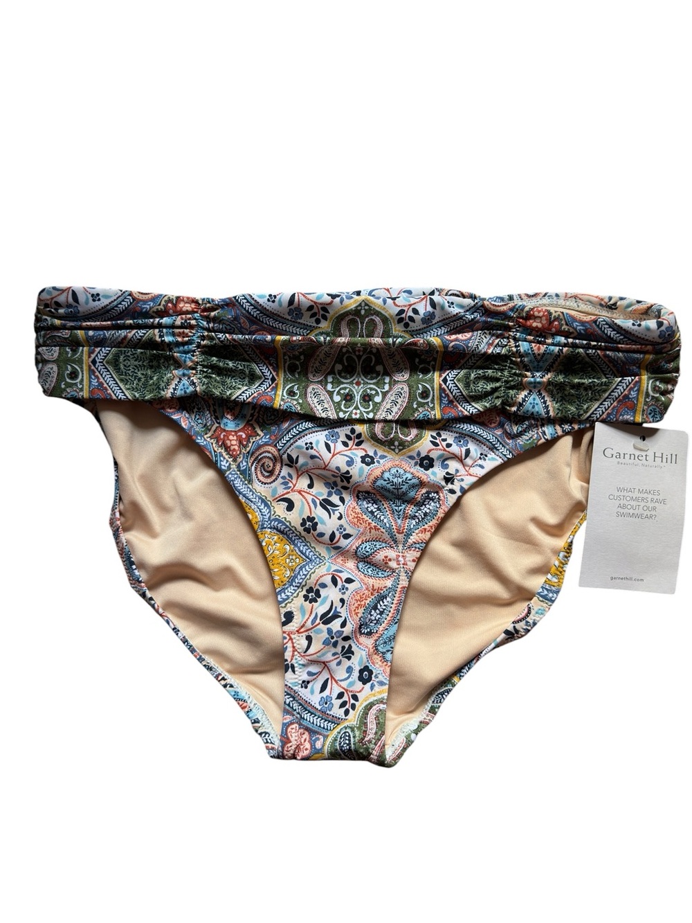 Garnet Hill Fold Over Shirred Colorful Bohemian Paisley Print Bikini Bottom Sz 8
